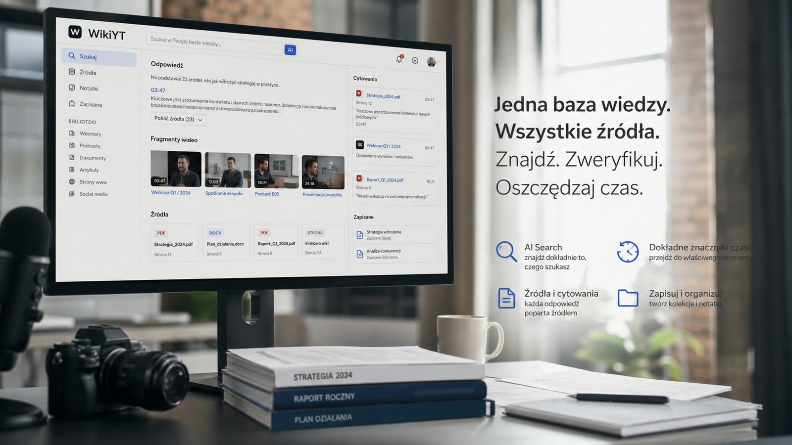 Fotorealistyczny mockup WikiYT z panelem AI Search, cytowaniami, timestampami, dokumentami i źródłami wiedzy