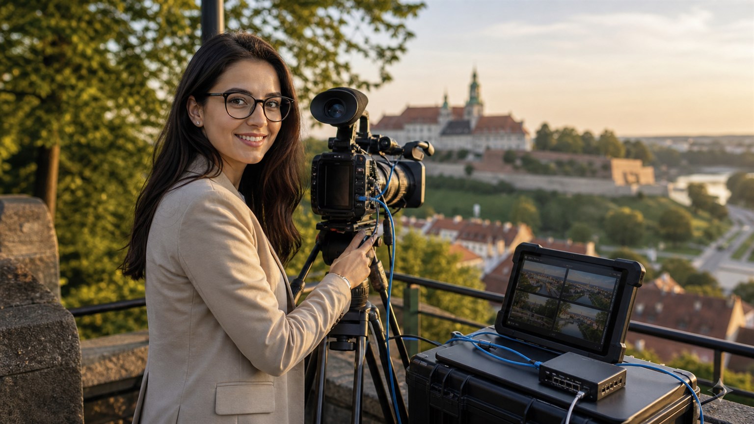 Fotorealistyczna konsultantka TECH5 konfigurująca kamerę live w terenie