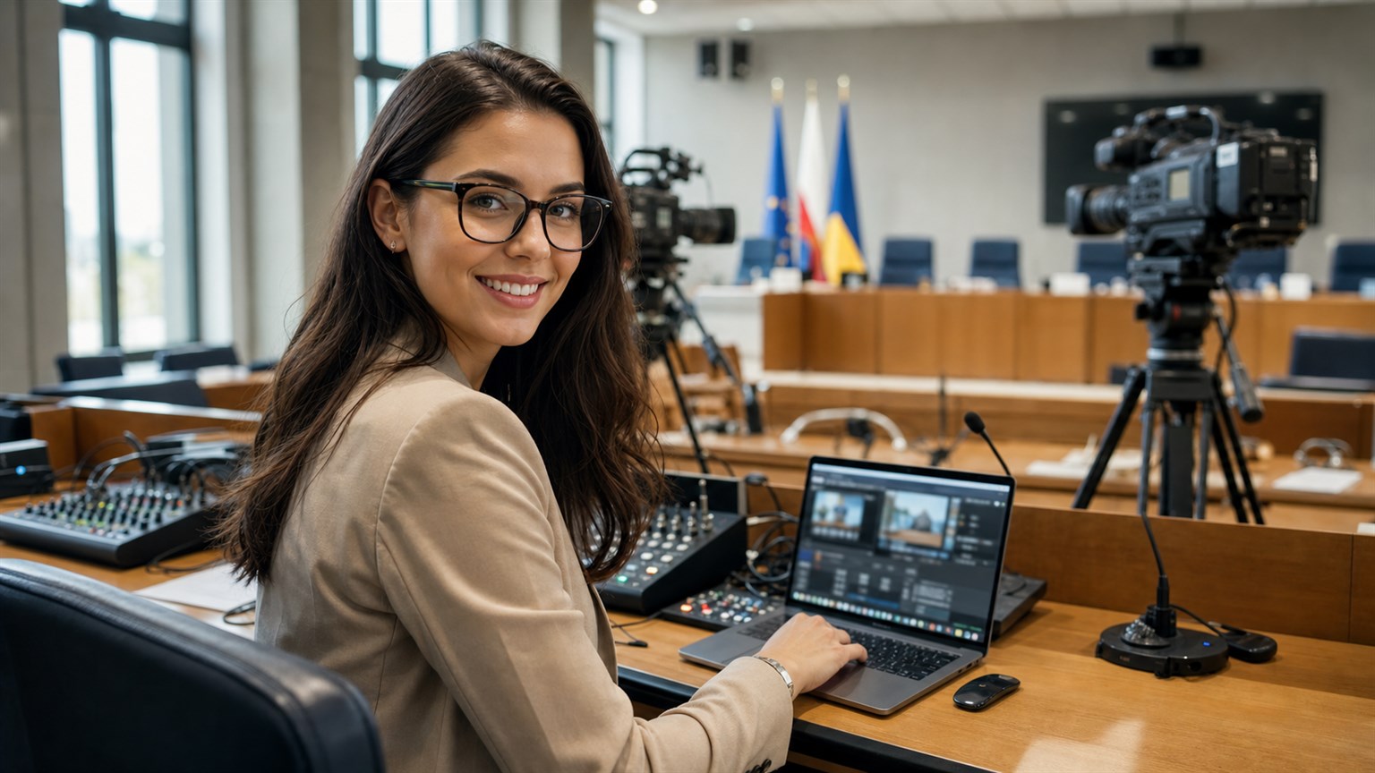 Fotorealistyczna konsultantka TECH5 przy stanowisku realizacji transmisji z sali obrad